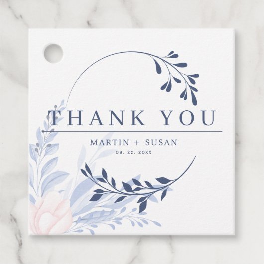 ダスティブルー金ゴールド幾何学的ピンクフローラ結婚ズ フェイバータグ (正面)