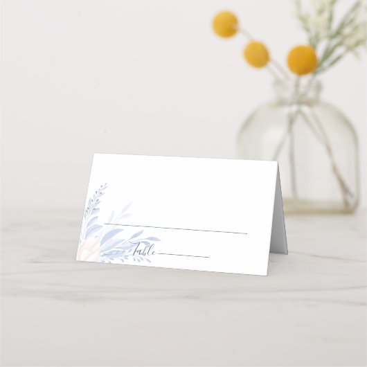 ダスティブルー金ゴールド幾何学的ピンクフローラ結婚ズ プレイスカード (正面)