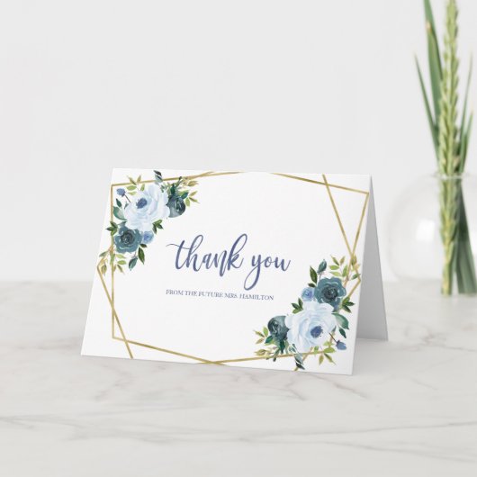 ダスティブルー金ゴールド水彩ブライダルシャワーありがとう カード (正面)