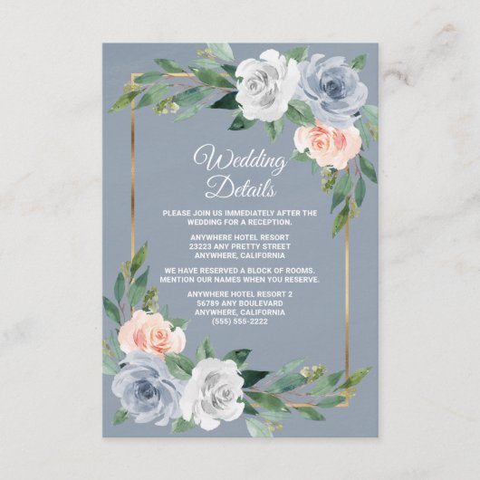 ダスティブルー金ゴールド赤面ピンクピーチエレガントな結婚式 エンクロージャーカード (正面)