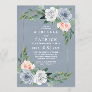 ダスティブルー金ゴールド赤面ピンクピーチ婚約パーティ 招待状