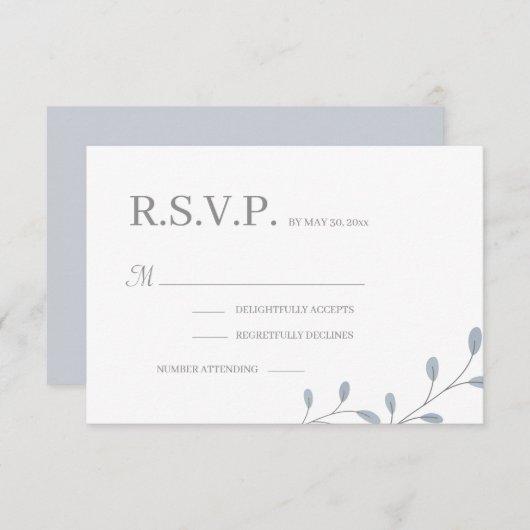 ダスティブルー離れズミニマリストシック結婚式RSVP 招待状 (正面/裏面)