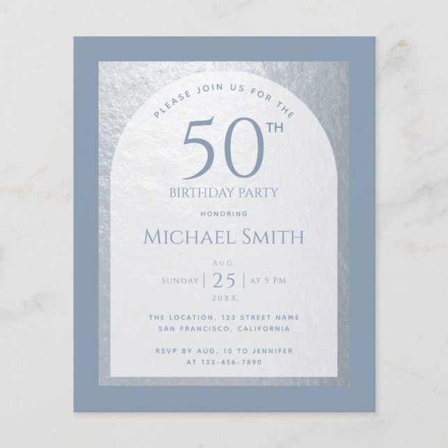 ダスティブルー50th誕生日シルバーバジェット招待状 (正面)