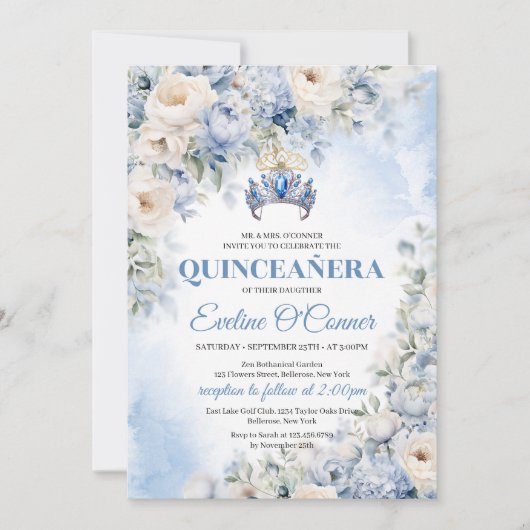 ダスティブルー&アイボリーフラワーズブルークラウンキンセアニラ 招待状 (正面)