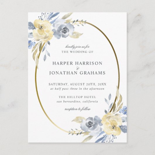 ダスティブルー&イエローフローラ楕円 | エレガントな結婚式 インビテーションポストカード (正面)