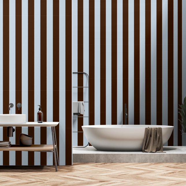 ダスティブルー&エスプレッソブラウンワイド4インチストライプ 壁紙 (浴室)