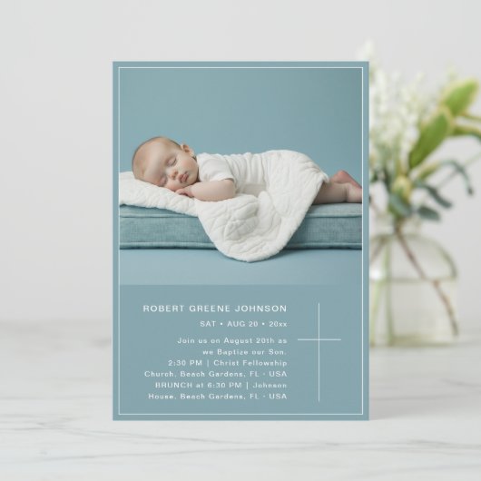 ダスティブルー《キリスト教》洗礼式や命名式フォト男の赤ちゃんバプテスマ 招待状 (スタンド正面)