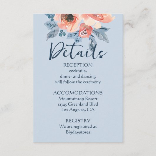 ダスティブルー&コーラルピンクウォーターフローラ結婚ズ エンクロージャーカード (正面)