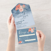 ダスティブルー&コーラルピンクウォーターフローラ結婚ズ オールインワン招待状 (貼ってはがせる)
