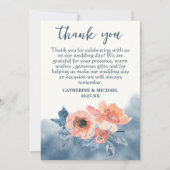 ダスティブルー&コーラルピンクウォーターフローラ結婚ズ サンキューカード (正面)