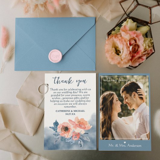 ダスティブルー&コーラルピンクウォーターフローラ結婚ズ サンキューカード