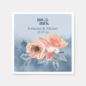 ダスティブルー&コーラルピンクウォーターフローラ結婚ズ スタンダードカクテルナプキン (正面)