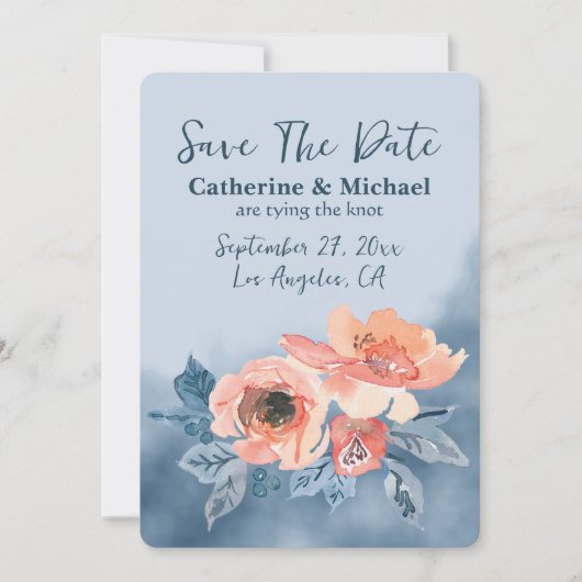 ダスティブルー&コーラルピンクウォーターフローラ結婚ズ セーブザデート (正面)
