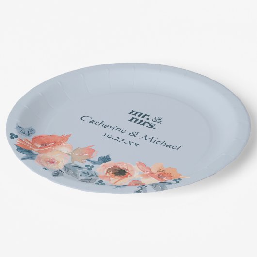 ダスティブルー&コーラルピンクウォーターフローラ結婚ズ ペーパープレート (アングル)