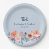 ダスティブルー&コーラルピンクウォーターフローラ結婚ズ ペーパープレート (正面)