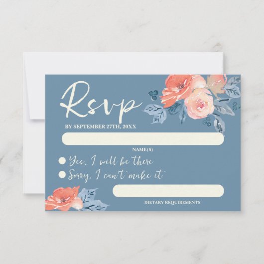 ダスティブルー&コーラルピンクウォーターフローラ結婚ズ 出欠カード (正面)