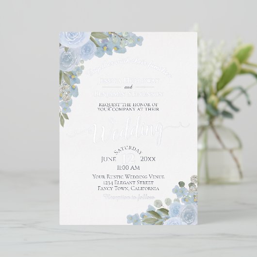 ダスティブルー&シルバーウォーターカラーフローラボホ結婚ズ 箔招待状 (立ち正面)