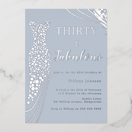 ダスティブルー&シルバークラシックエレガント30歳の誕生日 箔招待状 (正面)