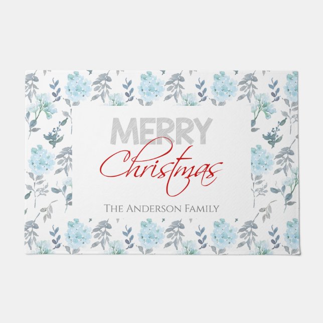 ダスティブルー&シルバーフローラ水彩ドアマット ドアマット (正面)