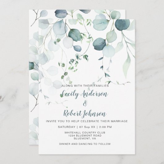 ダスティブルー&セージ緑ユーカリプトゥスオンホワイト 招待状 (正面/裏面)
