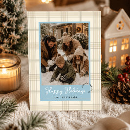 ダスティブルー ソフトベージュ チェックのクリスマス2枚写真入り シーズンカード