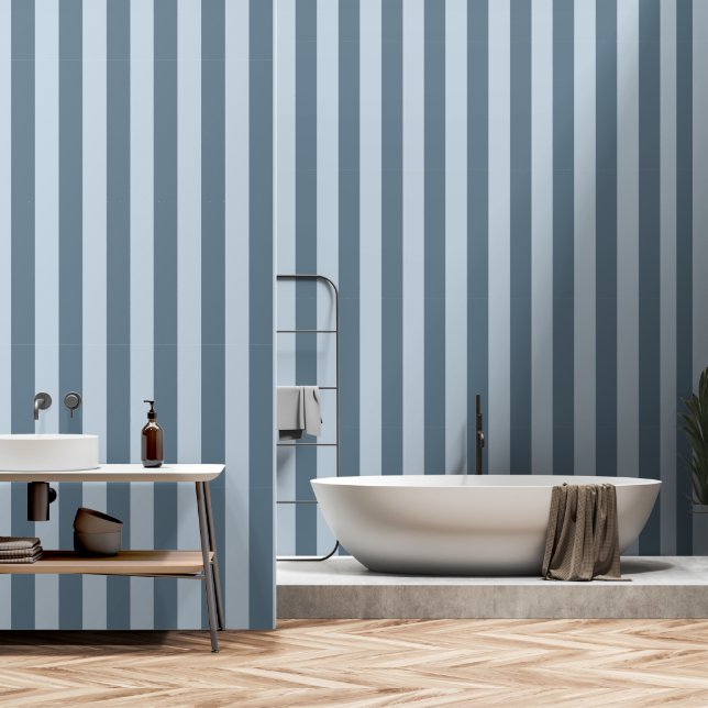 ダスティブルー&ダークダスティグレイ幅4インチストライプ 壁紙 (浴室)