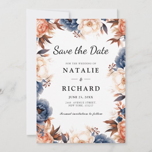 ダスティブルー&テラコッタフローラの水色結婚ズ セーブザデート (正面)