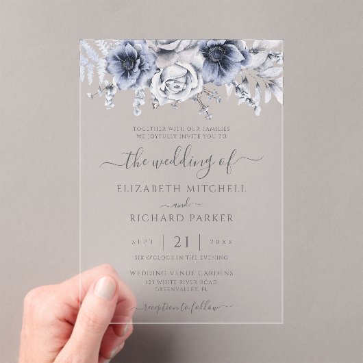 ダスティブルー&ネイビーフローラエレガントな結婚式 アクリル招待状 (インサイチュ (ポータブル))