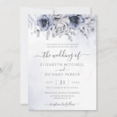ダスティブルー&ネイビーフローラエレガントな結婚式 招待状 (正面)