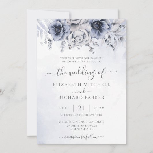 ダスティブルー&ネイビーフローラエレガントな結婚式 招待状 (正面)
