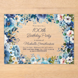 ダスティブルー ネイビー ホワイト フローラル 100歳の誕生日 アクリル招待状