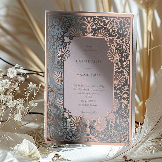 ダスティブルー&バラクオーツヴィンテージウェディング 箔招待状