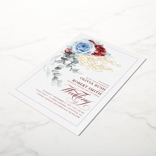 ダスティブルー&バーガンディーレッドフローラボホ結婚ズ 箔招待状 (回転した状態)