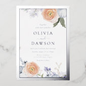 ダスティブルー&ピーチフローラシルバーフォイル結婚ズ 箔招待状 (正面)