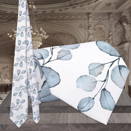 ダスティブルー&ホワイトエレガントユーカリ結婚ス ネクタイ