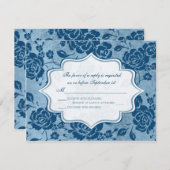 ダスティブルー、ホワイトフローラダマスクウェディングRSVPカード 出欠カード (正面/裏面)
