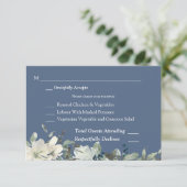 ダスティブルー&ホワイトフローラRSVP 3枚ミールカード – 青 出欠カード (スタンド正面)