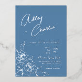 ダスティブルー&ホワイトボタニカルラインスケッチ結婚ズ 箔招待状 (正面)