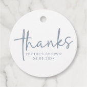 ダスティブルー&ホワイトミニマリストスクリプトブライダルシャワー フェイバータグ (正面)