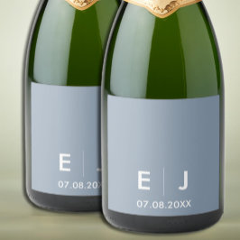 ダスティブルー&ホワイトモノグラム結婚ズ スパークリングワインラベル