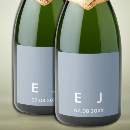 ダスティブルー&ホワイトモノグラム結婚ズ スパークリングワインラベル