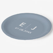 ダスティブルー&ホワイトモノグラム結婚ズ ペーパープレート (アングル)