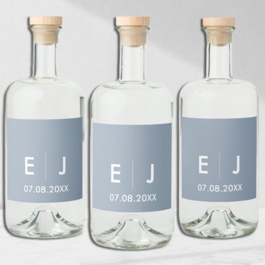 ダスティブルー&ホワイトモノグラム結婚ズ リキュールボトルラベル
