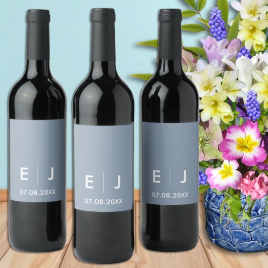 ダスティブルー&ホワイトモノグラム結婚ズ ワインラベル