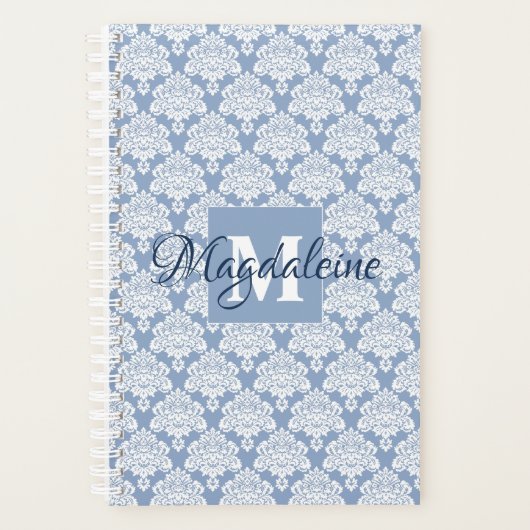 ダスティブルー&ホワイトレースのようダマスクモノグラム&名前 プランナー手帳 (正面)