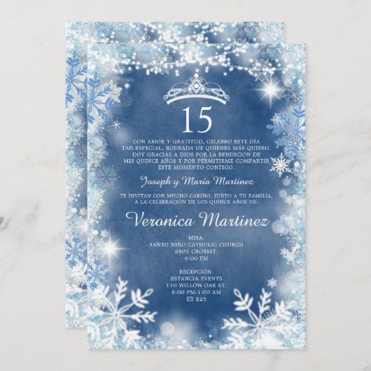 ダスティブルー&ホワイト冬ガールスペインの15アニョス 招待状 (正面/裏面)