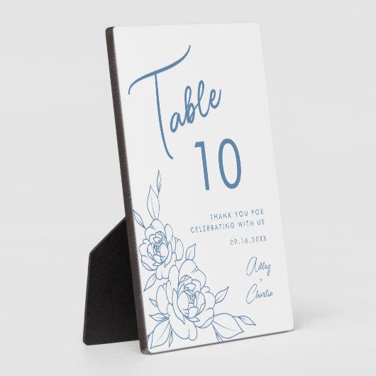 ダスティブルー&ホワイト植物学結婚のテーブル番号 フォトプラーク (側面)