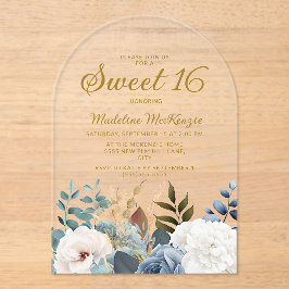 ダスティブルー ホワイト フラワー アーチ Sweet 16 アクリル招待状