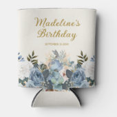 ダスティブルー ホワイト フラワー ゴールド 誕生日 名前 缶クーラー (正面)