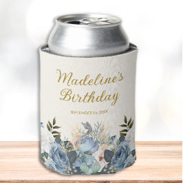 ダスティブルー ホワイト フラワー ゴールド 誕生日 名前 缶クーラー
